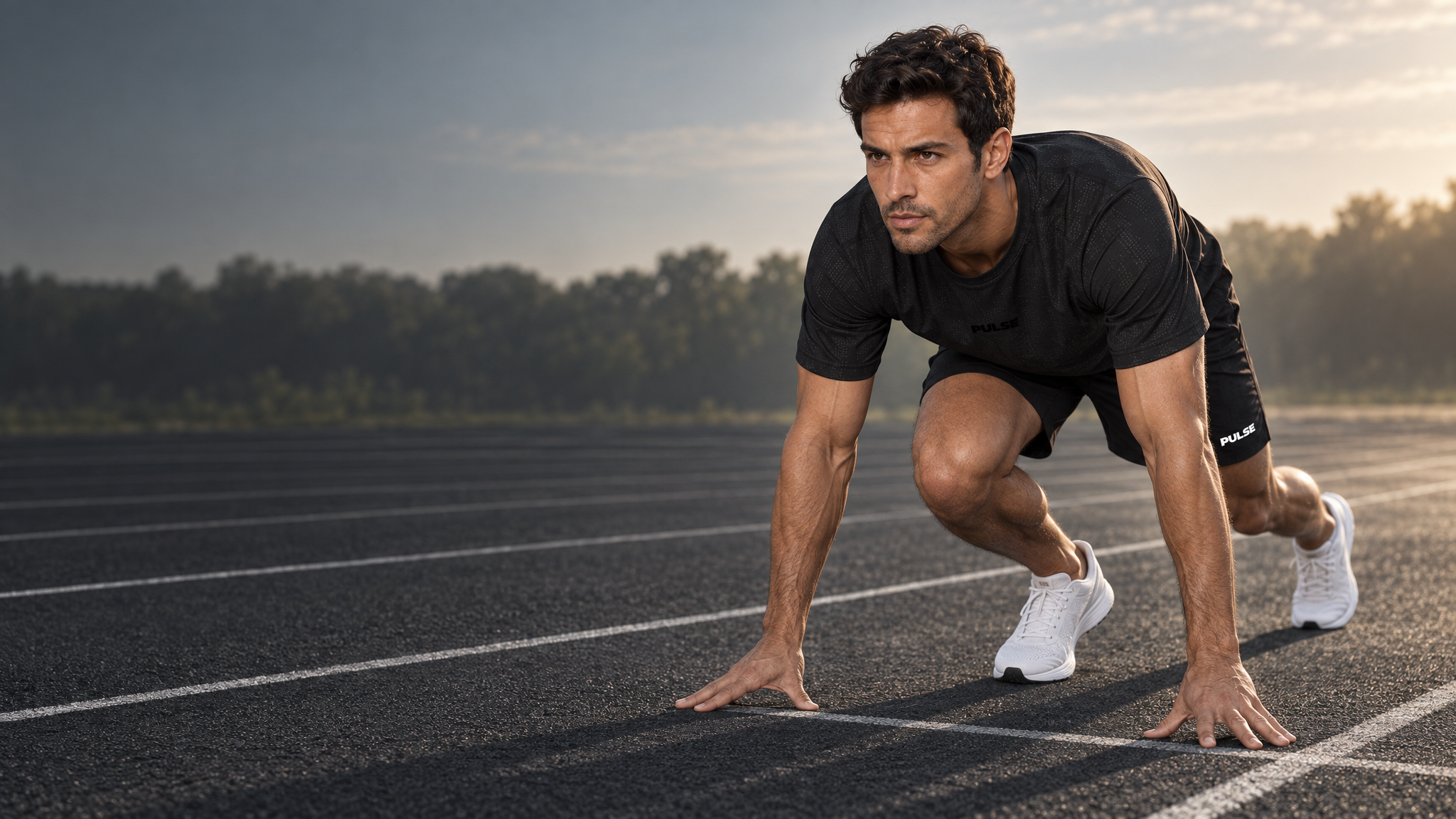 PULSE Athlet im schwarzen Jacquard Mesh T-Shirt und Training Shorts in Sprint-Startposition auf einer Laufbahn