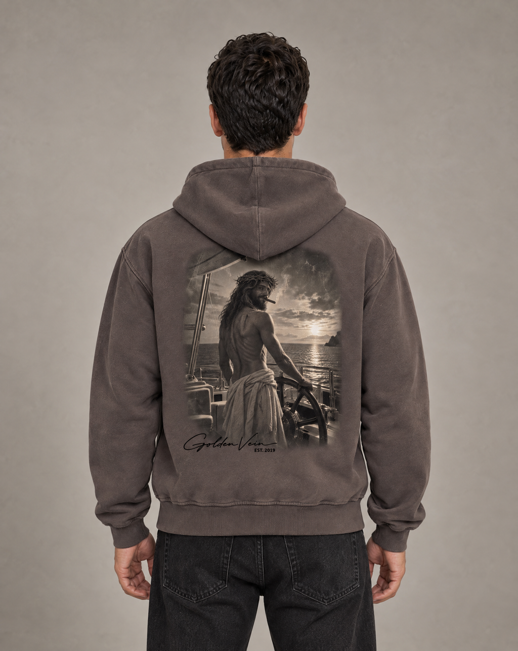 Golden Vein Zip Hoodie in Distressed-Optik in Dunkelgrau – Produktansicht 1