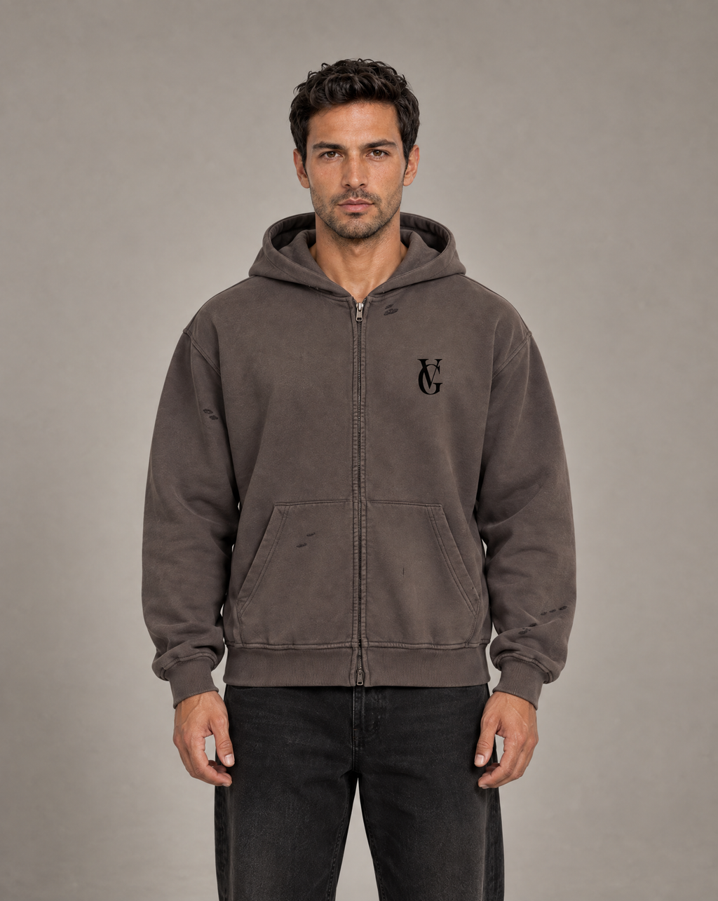 Golden Vein Zip Hoodie in Distressed-Optik in Dunkelgrau – Produktansicht 2