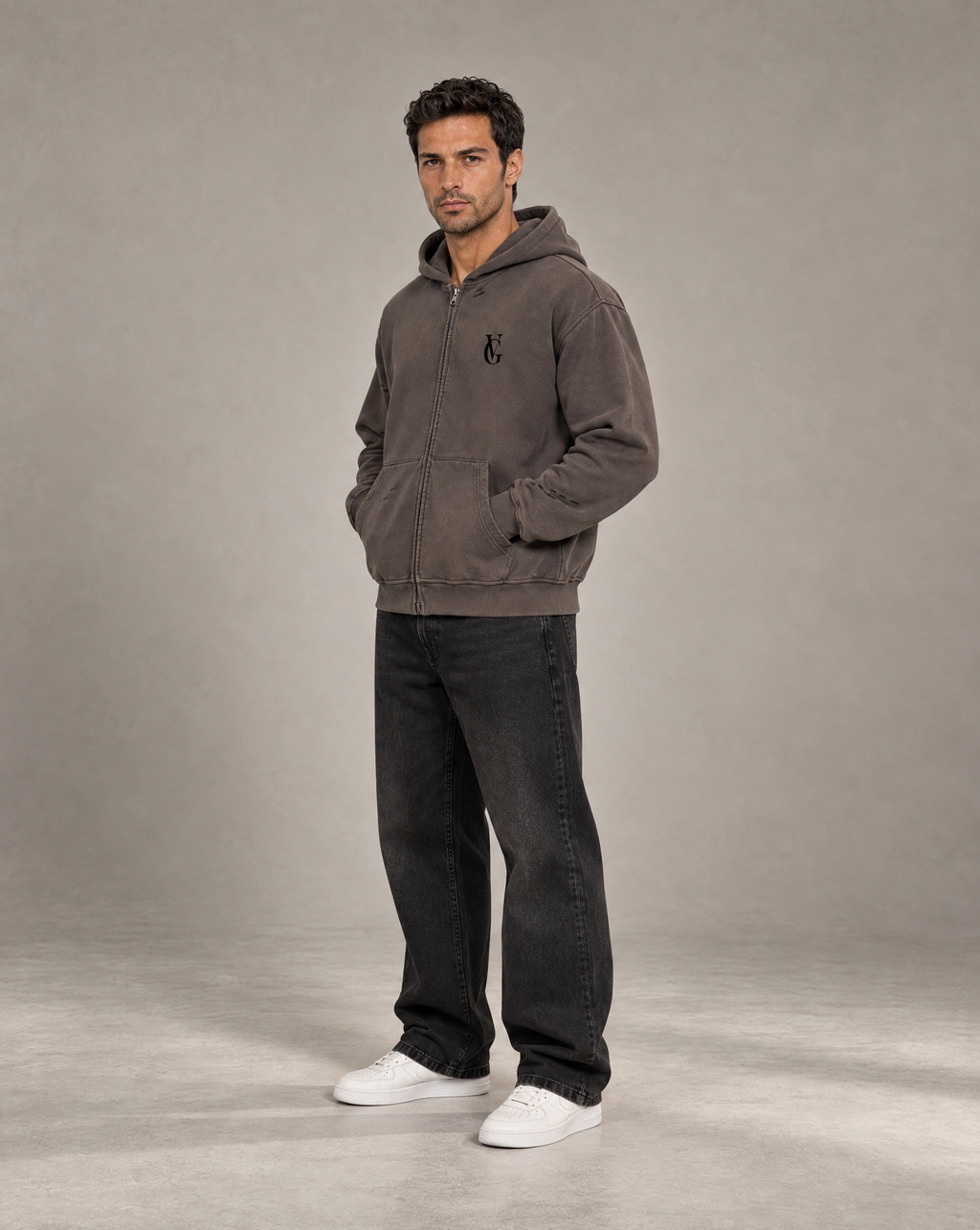 Golden Vein Zip Hoodie in Distressed-Optik in Dunkelgrau – Produktansicht 4