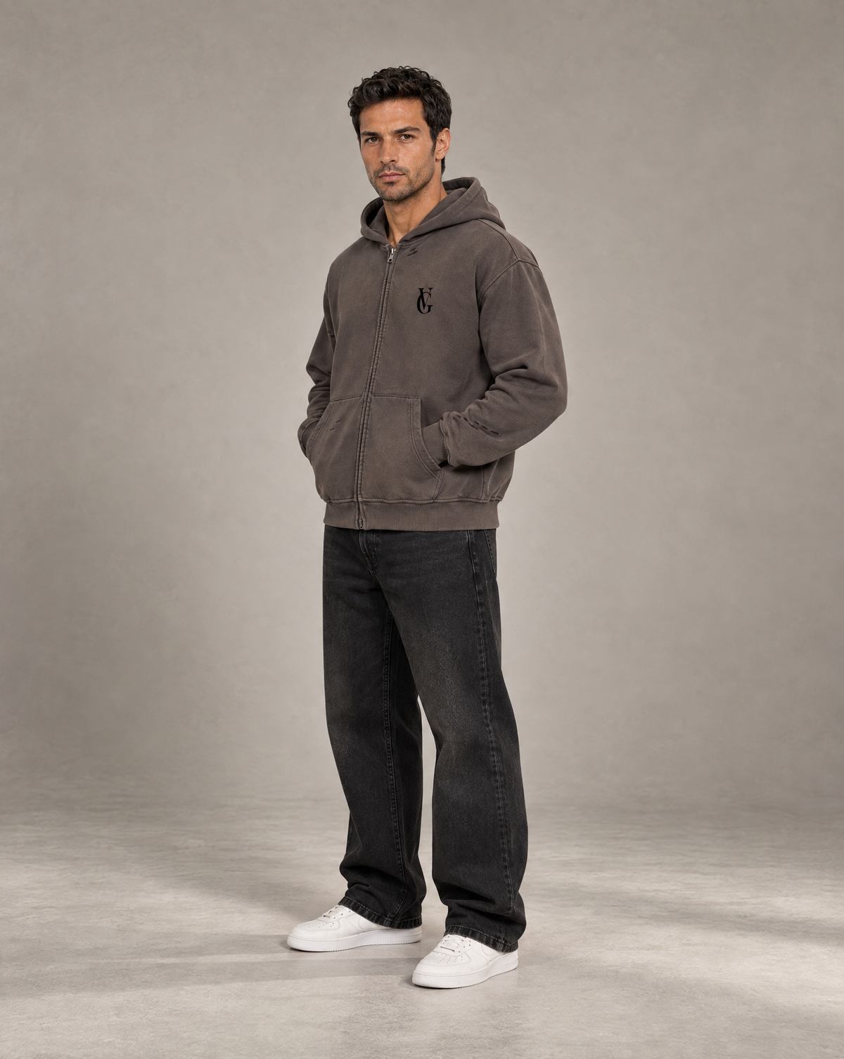 Golden Vein Zip Hoodie in Distressed-Optik in Dunkelgrau – Produktansicht 4
