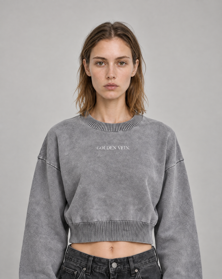 Golden Vein Kurzes Sweatshirt in Mineral-Wash-Optik in Grau – Produktansicht 1