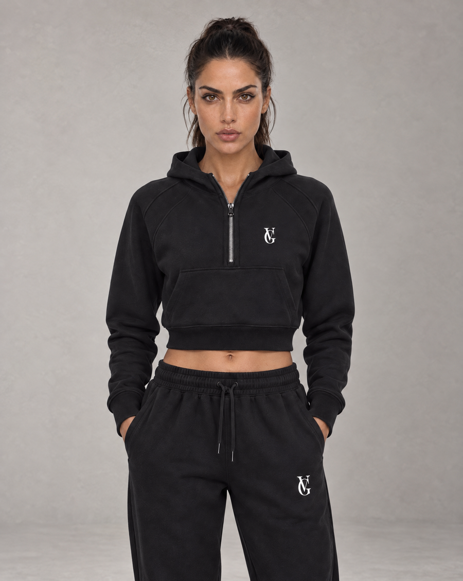 Golden Vein Kurzer Half-Zip Hoodie in Schwarz – Produktansicht 1