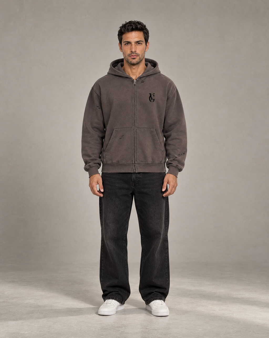 Golden Vein Zip Hoodie in Distressed-Optik in Dunkelgrau – Produktansicht 3