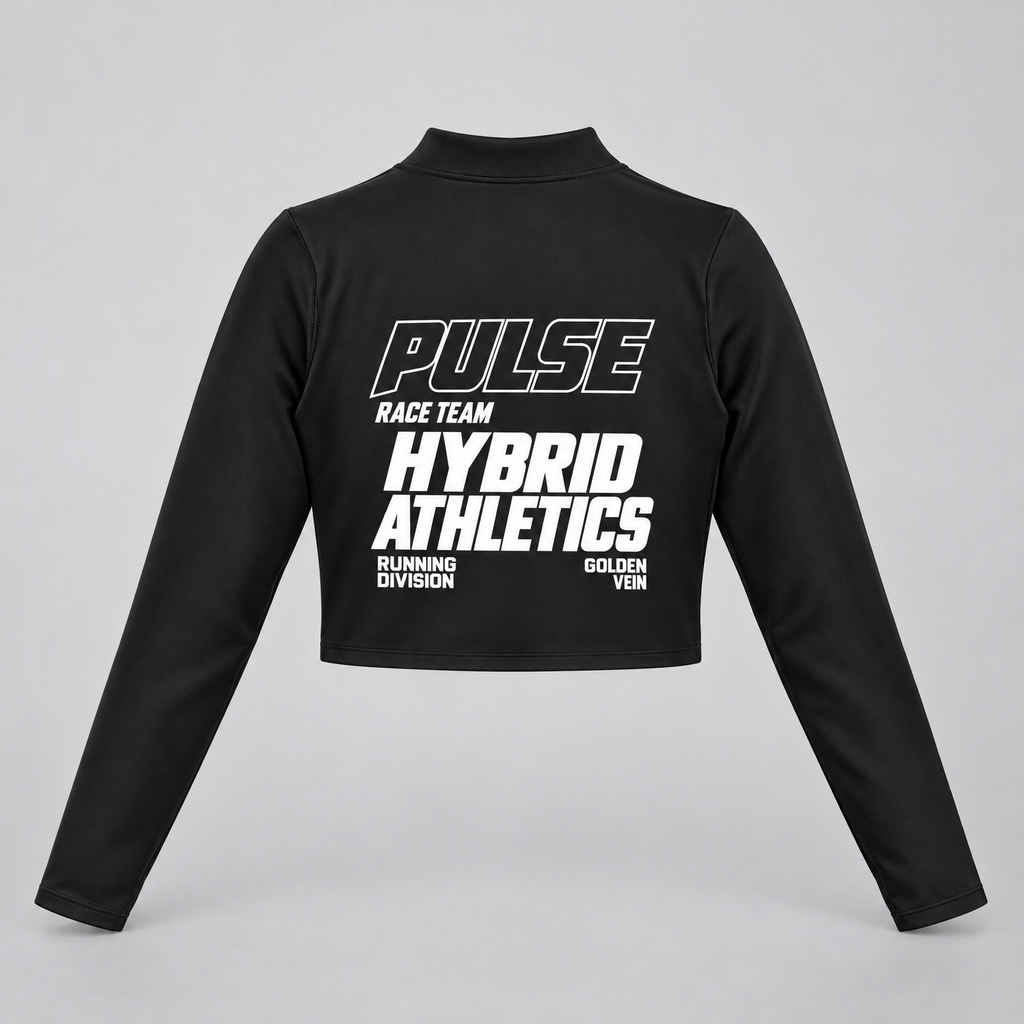 PULSE Cropped Running Jacket — Black, back view — 3D product mockup