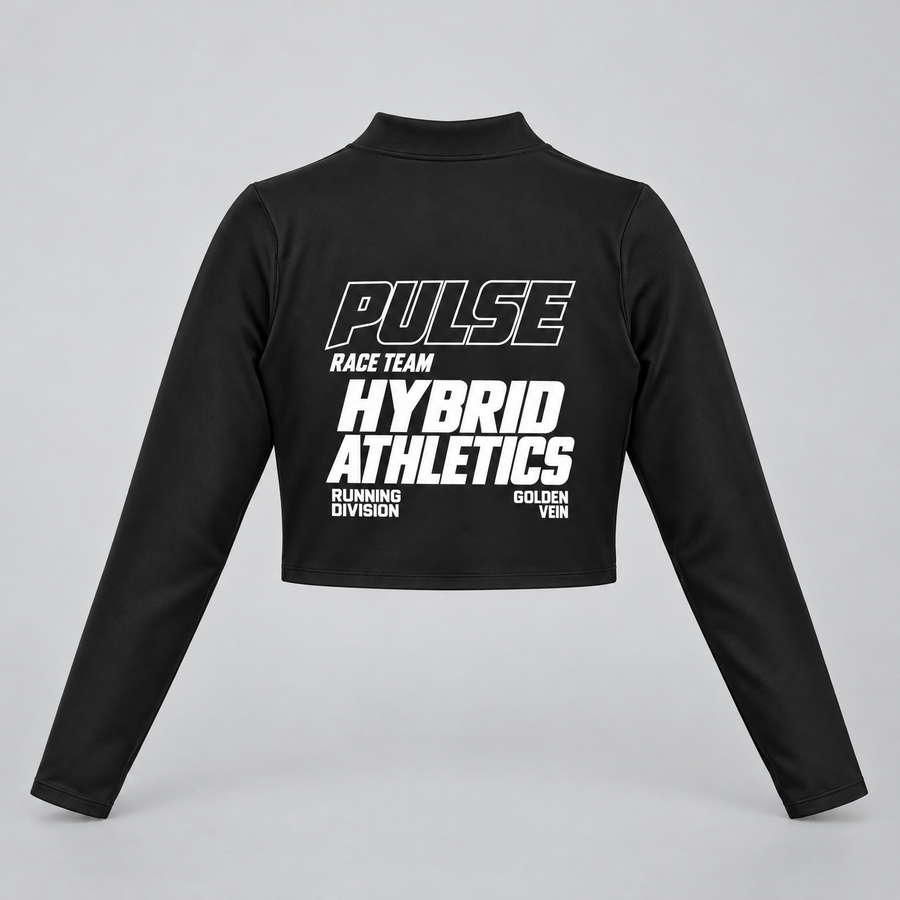 PULSE Cropped Running Jacket — Black, back view — 3D product mockup