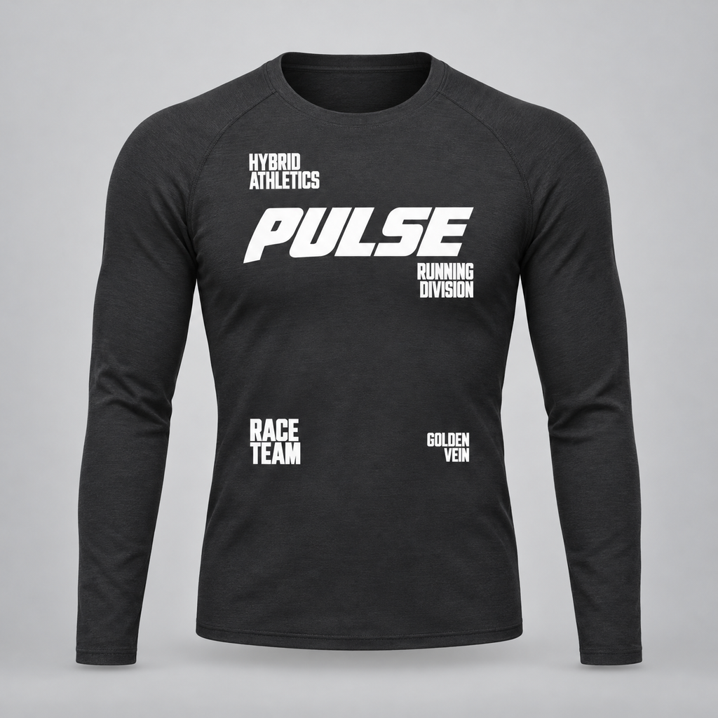 PULSE Fitted Running Long Sleeve — Black, front view — 3D product mockup
