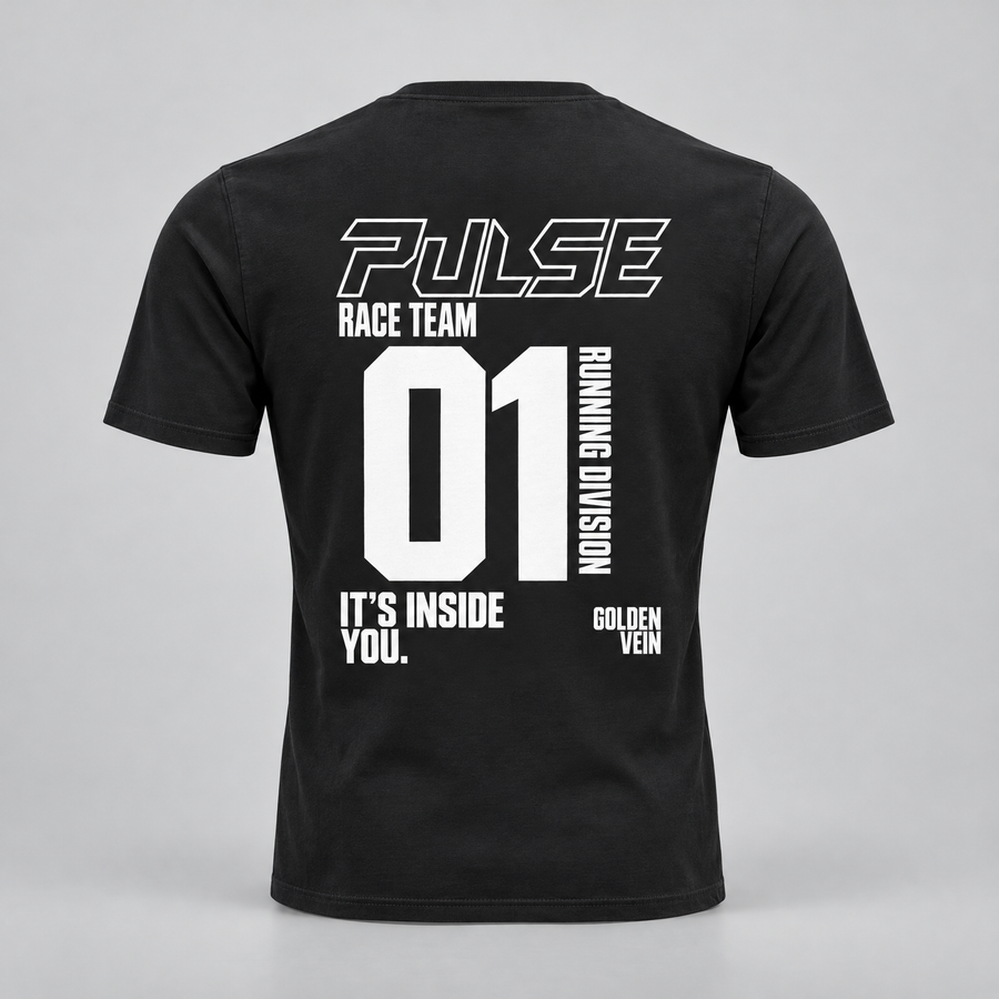PULSE Fitted Running Tee — Black, back view — 3D product mockup