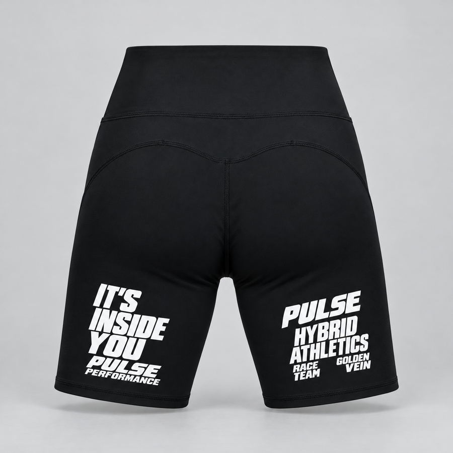 PULSE High-Waist Running Shorts — Black, back view — 3D product mockup