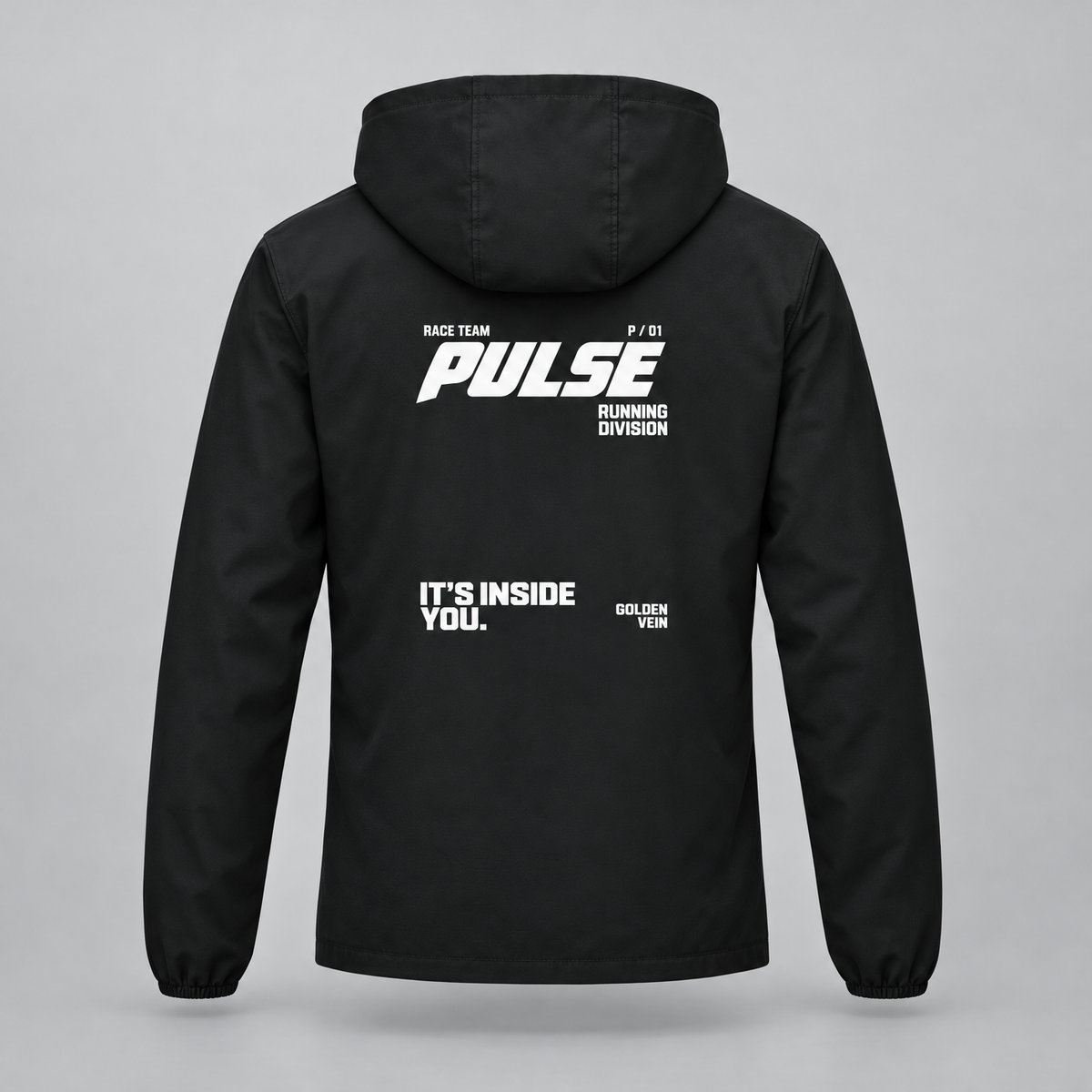 PULSE Hooded Running Jacket — Dark Gray, back view — 3D product mockup