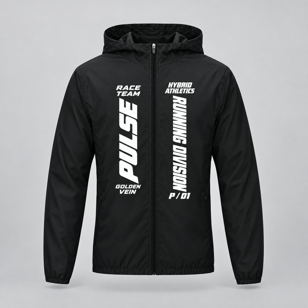 PULSE Hooded Running Jacket — Dark Gray, front view — 3D product mockup
