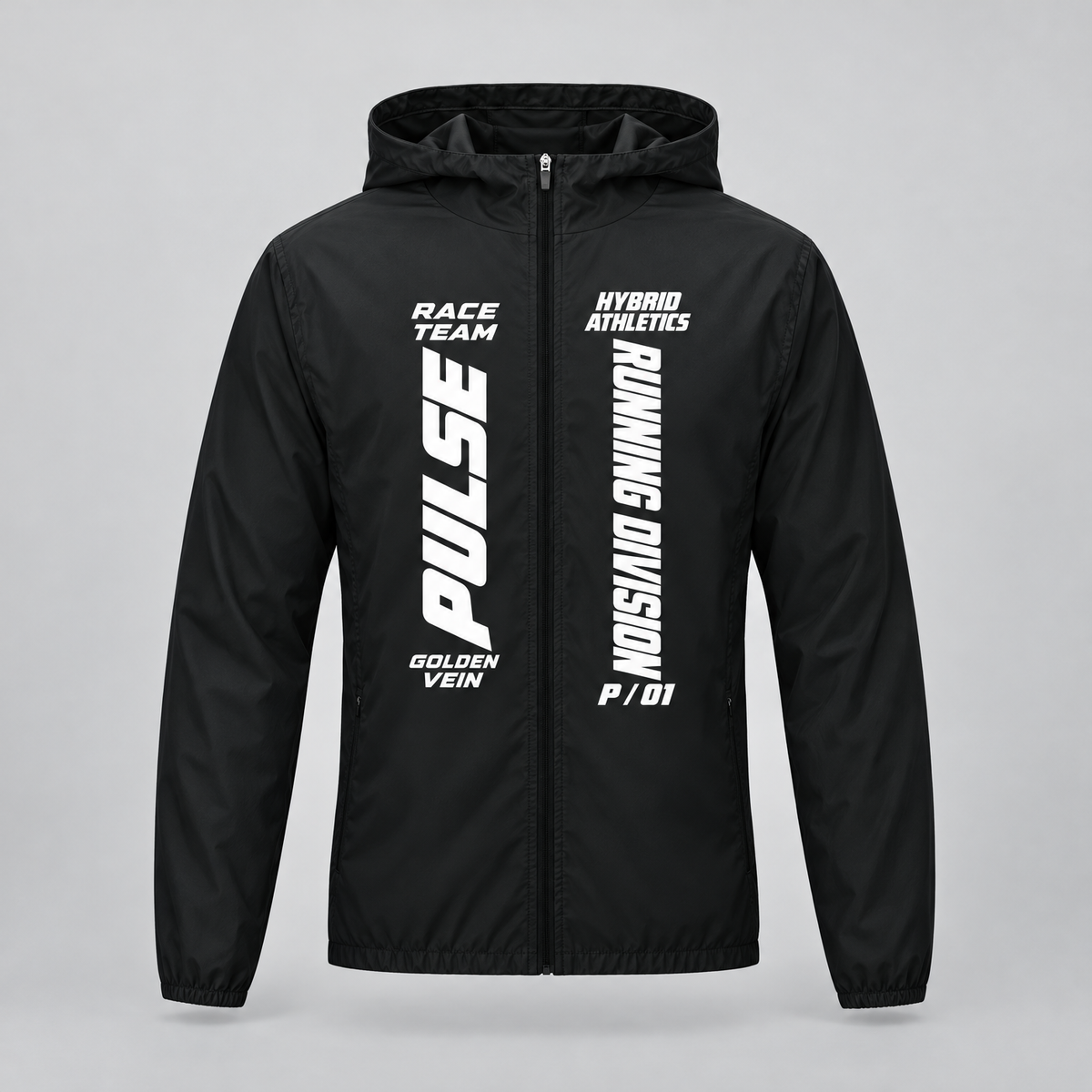 PULSE Hooded Running Jacket — Dark Gray, front view — 3D product mockup