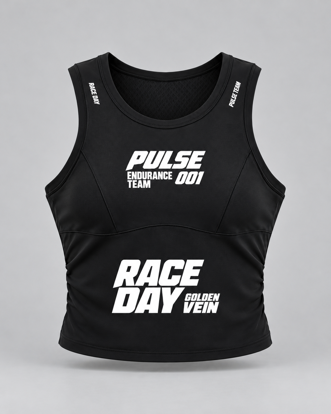 PULSE Panelled Running Tank — Black, front view — 3D product mockup