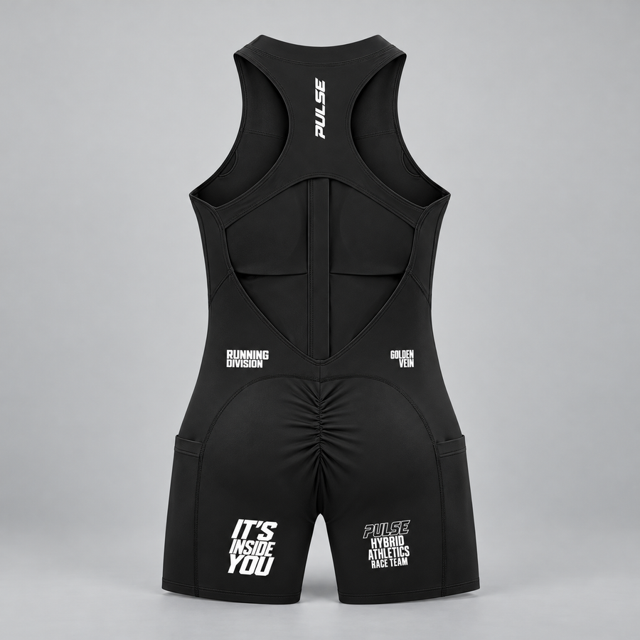 PULSE Quarter-Zip Running Romper — Black, back view — 3D product mockup