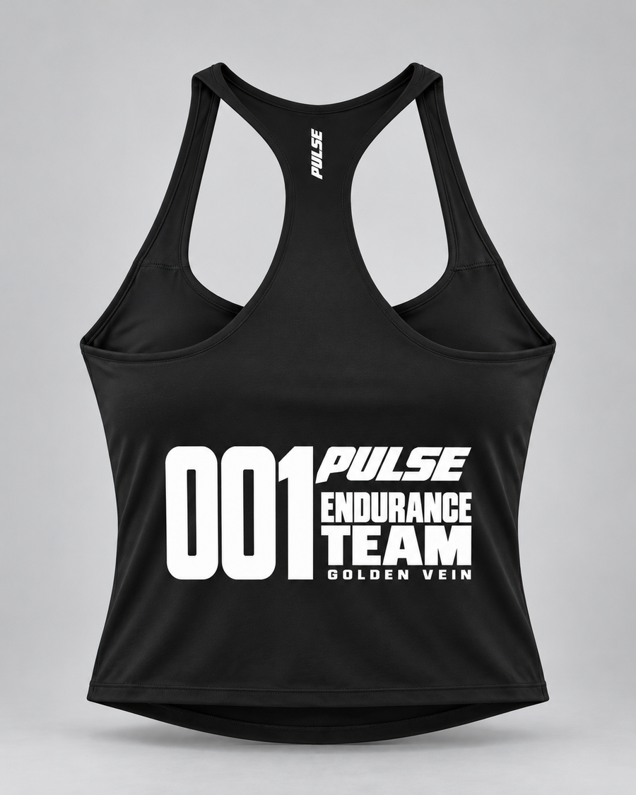 PULSE Racerback Running Tank — Black, back view — 3D product mockup