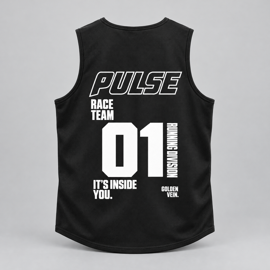 PULSE Running Singlet — Black, back view — 3D product mockup
