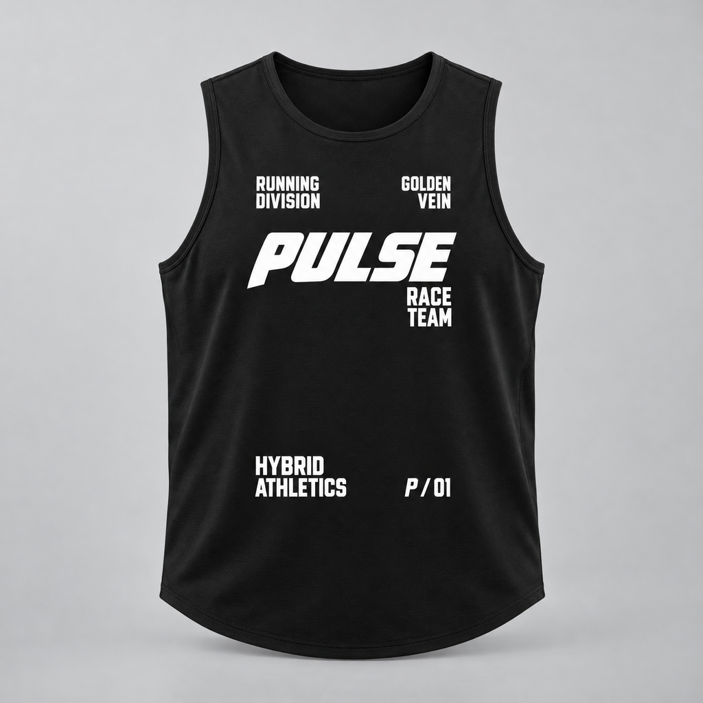 PULSE Running Singlet — Black, front view — 3D product mockup