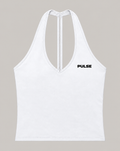 Weißes PULSE Spectre Halter Tanktop mit schwarzem Logo auf grauem Hintergrund – Vorderansicht.