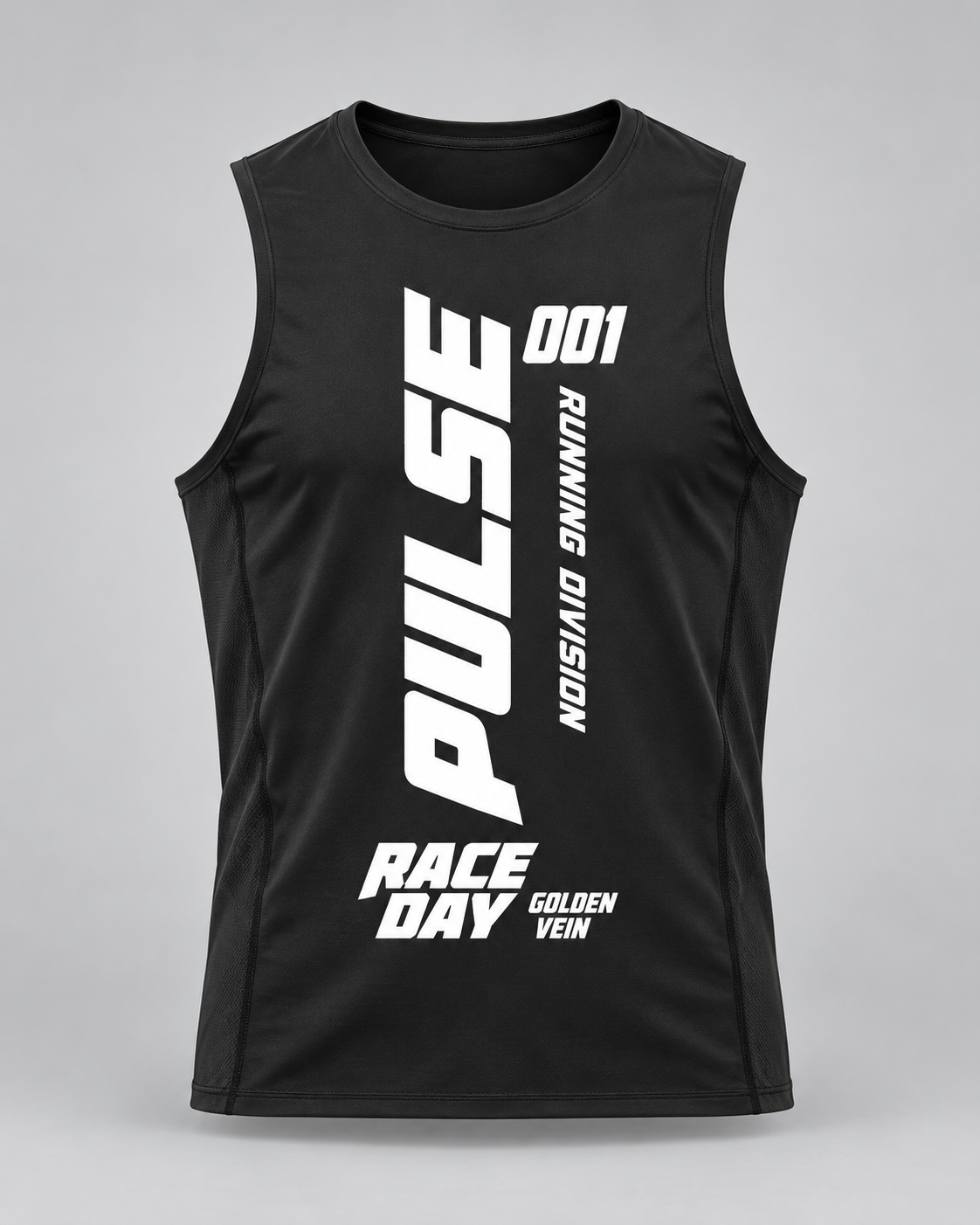 PULSE Topstitch Running Tank — Black, front view — 3D product mockup